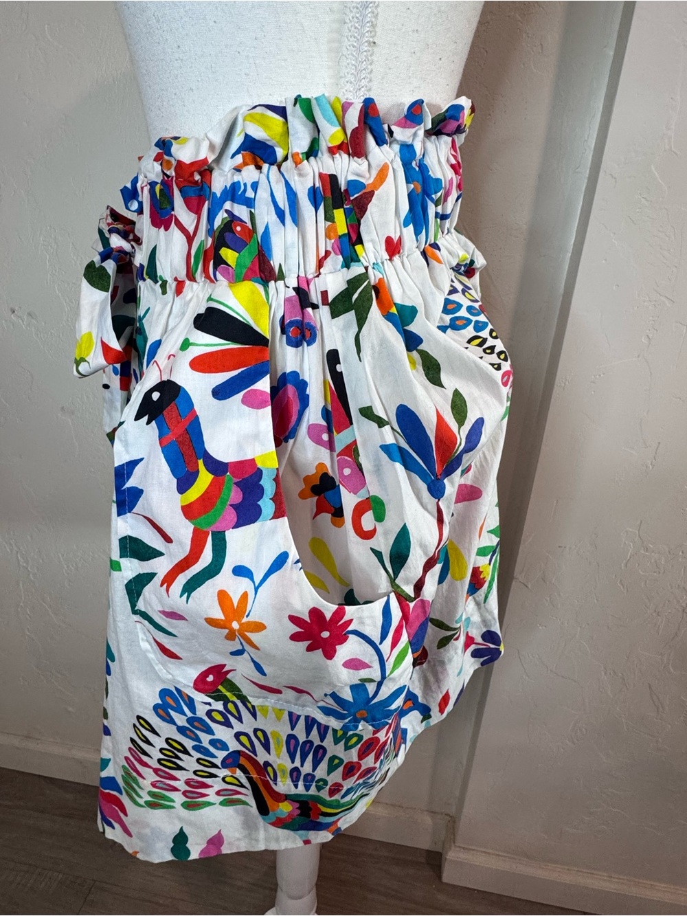 MILLY Paperbag Waist Floral Skirt | Colorful Folk Art Print Cotton Tie Waist - Picture 3 of 7